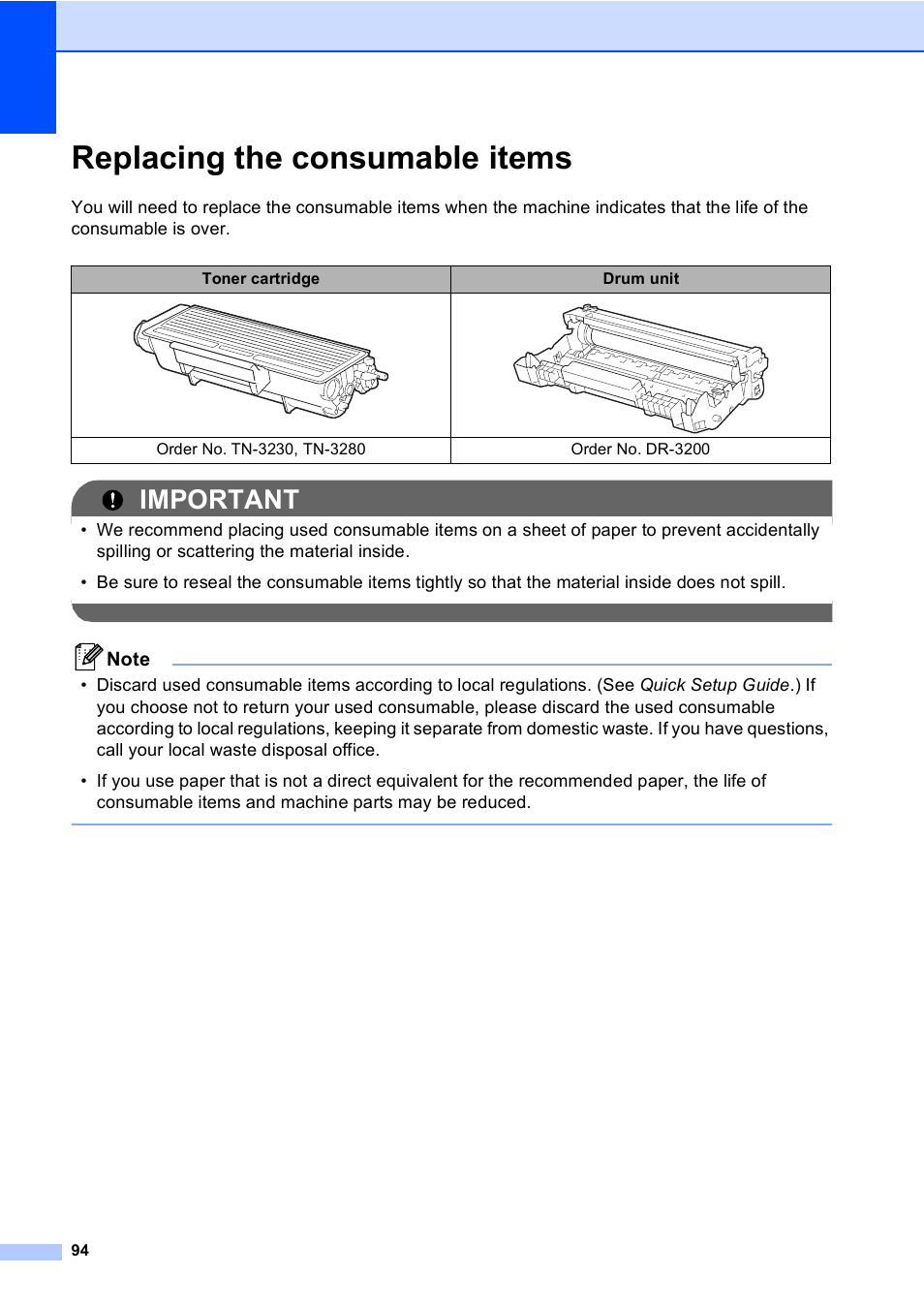 Replacing the consumable items, Important | Brother DCP-8085DN User Manual | Page 101 / 143