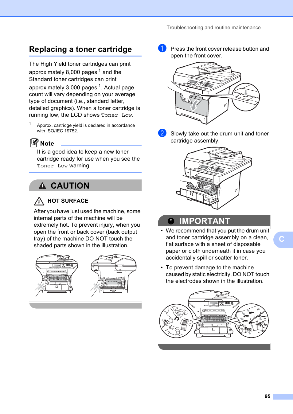 Replacing a toner cartridge, Caution, Important | Creplacing a toner cartridge | Brother DCP-8085DN User Manual | Page 102 / 143