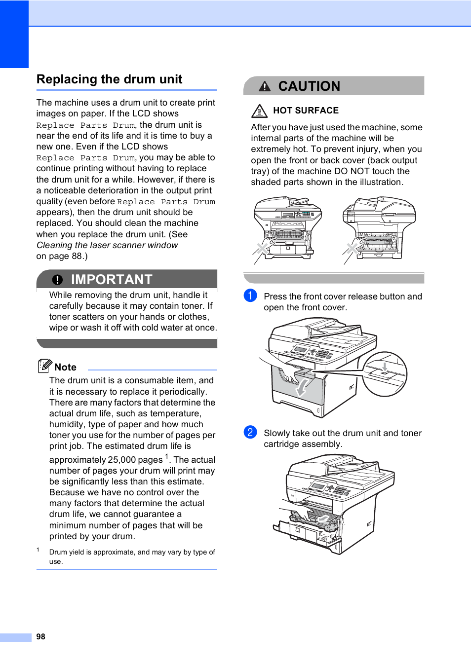 Replacing the drum unit, Important, Caution | Brother DCP-8085DN User Manual | Page 105 / 143
