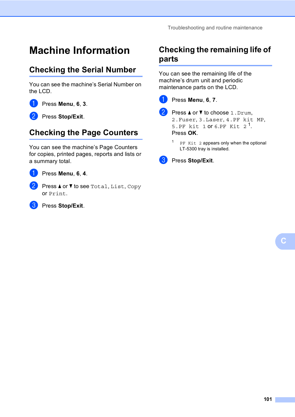 Machine information, Checking the serial number, Checking the remaining life of parts | Checking the page counters | Brother DCP-8085DN User Manual | Page 108 / 143