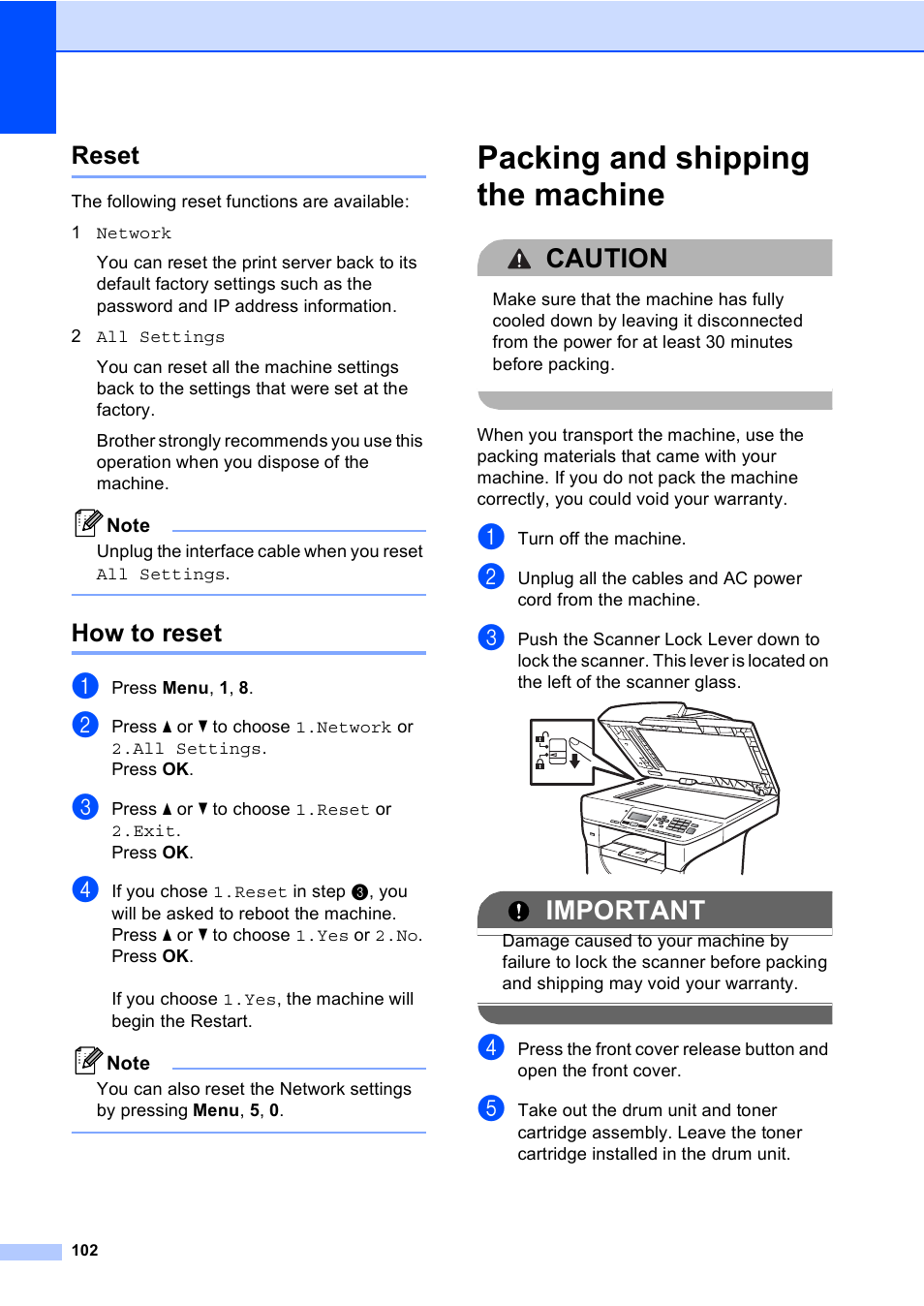 Reset, How to reset, Packing and shipping the machine | Reset how to reset, Caution, Important | Brother DCP-8085DN User Manual | Page 109 / 143