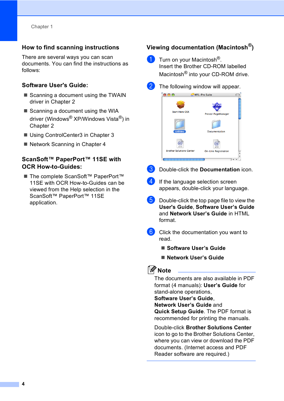 How to find scanning instructions, Software user's guide, Scansoft™ paperport™ 11se with ocr how-to-guides | Viewing documentation (macintosh®) | Brother DCP-8085DN User Manual | Page 11 / 143