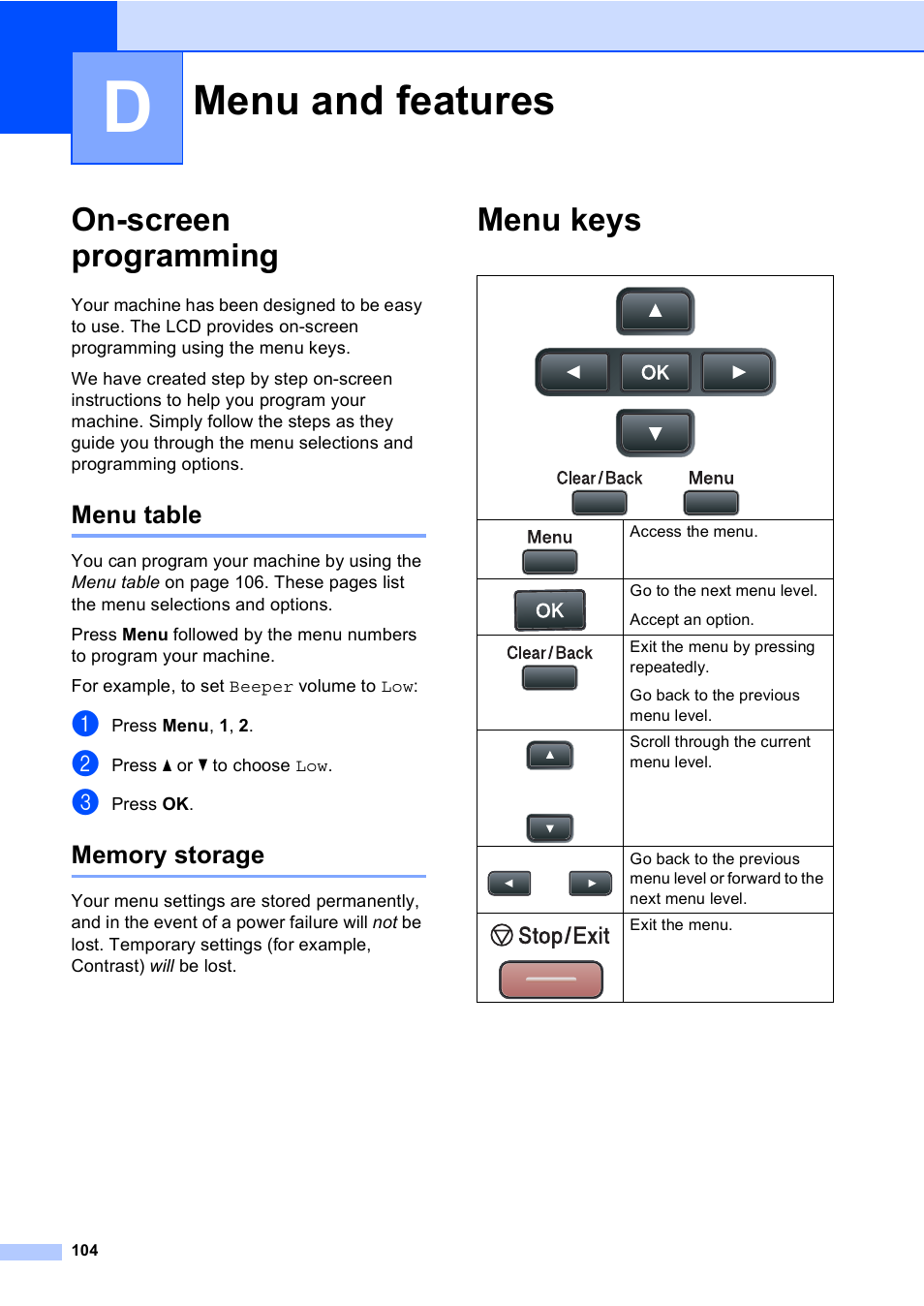 D menu and features, On-screen programming, Menu table | Memory storage, Menu keys, Menu and features, Menu table memory storage | Brother DCP-8085DN User Manual | Page 111 / 143