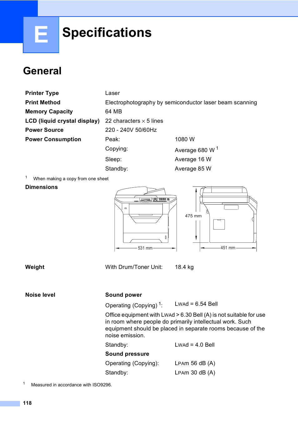 E specifications, General, Specifications | Brother DCP-8085DN User Manual | Page 125 / 143