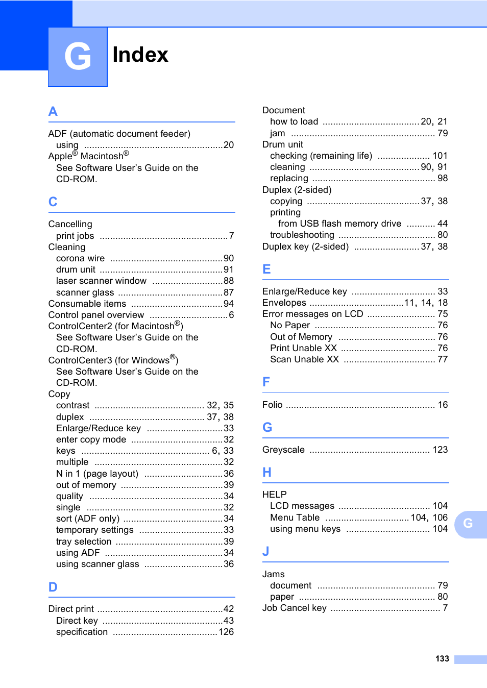 Index | Brother DCP-8085DN User Manual | Page 140 / 143