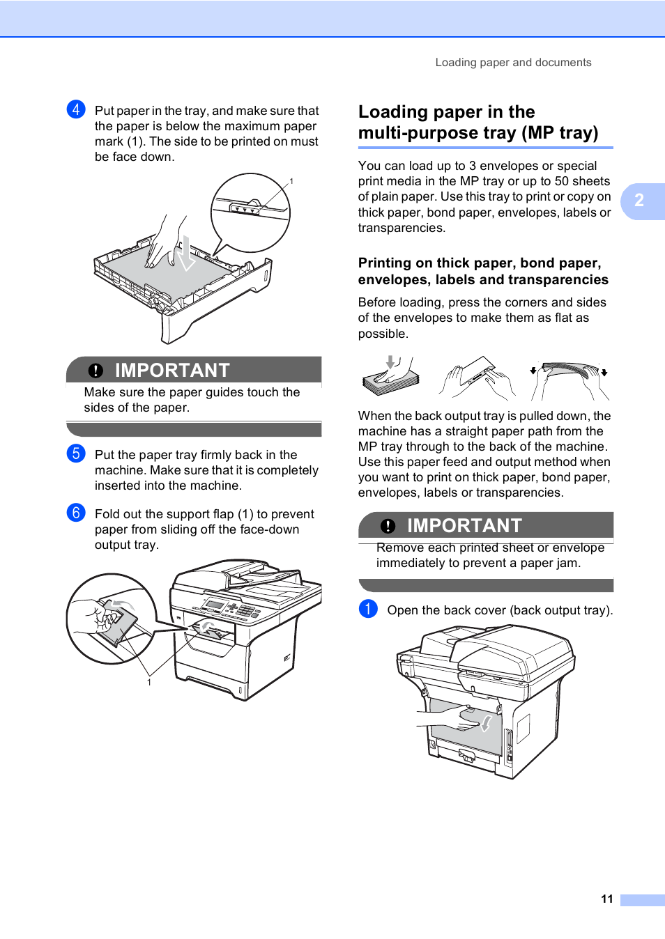 Loading paper in the multi-purpose tray (mp tray), Important | Brother DCP-8085DN User Manual | Page 18 / 143