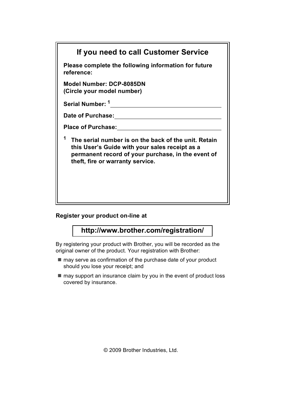 If you need to call customer service | Brother DCP-8085DN User Manual | Page 2 / 143