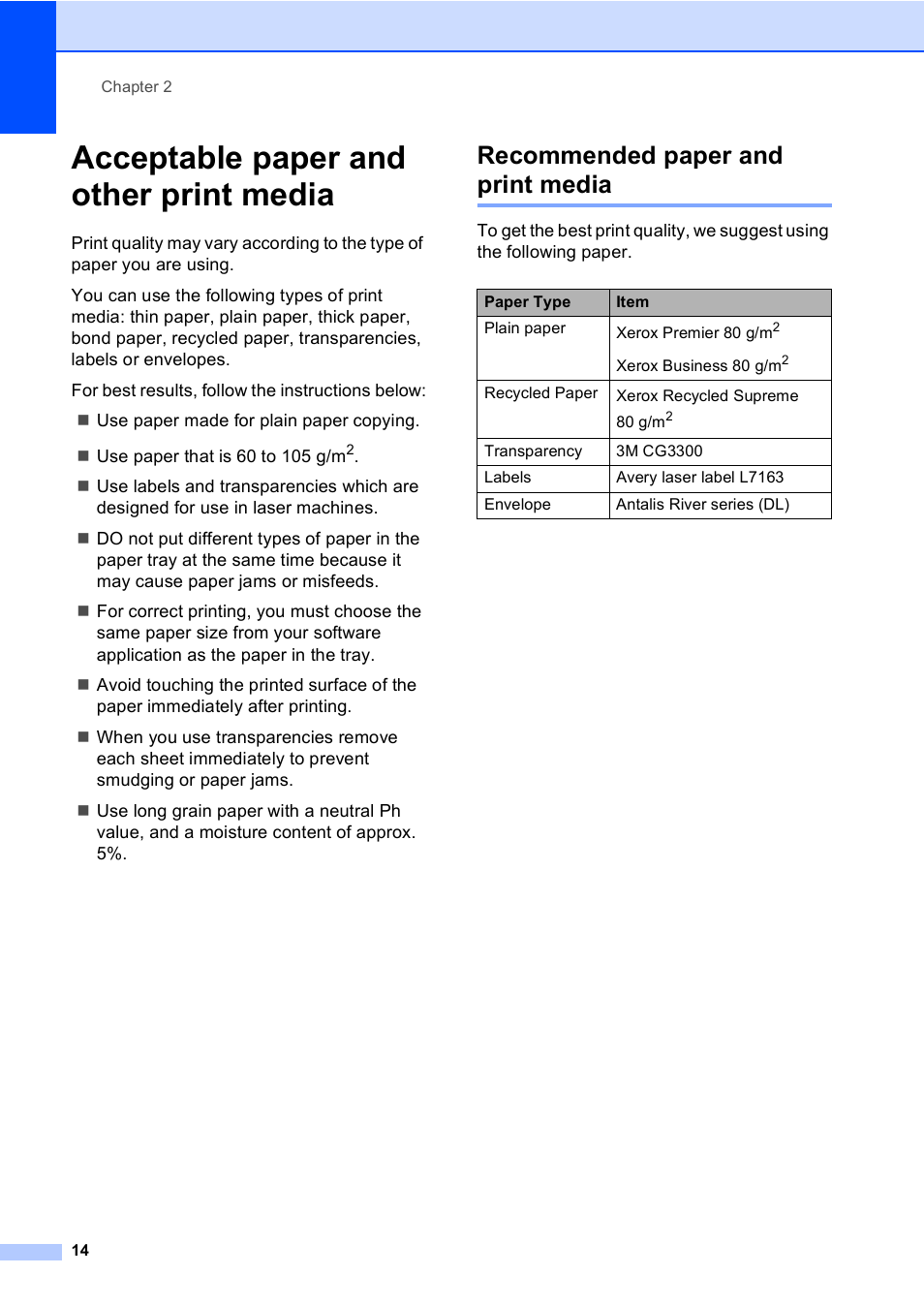 Acceptable paper and other print media, Recommended paper and print media | Brother DCP-8085DN User Manual | Page 21 / 143
