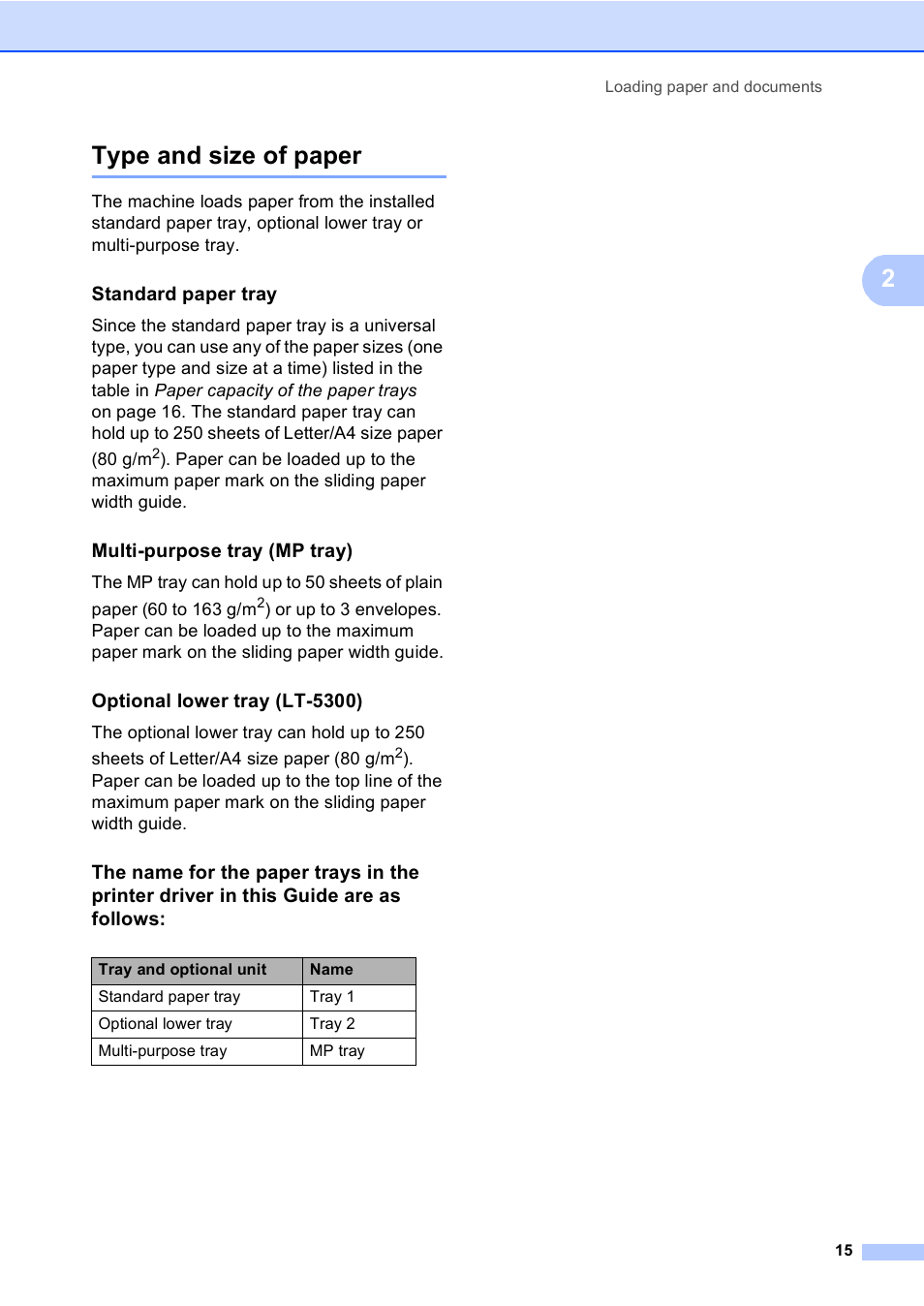 Type and size of paper, Standard paper tray, Multi-purpose tray (mp tray) | Optional lower tray (lt-5300), 2type and size of paper | Brother DCP-8085DN User Manual | Page 22 / 143