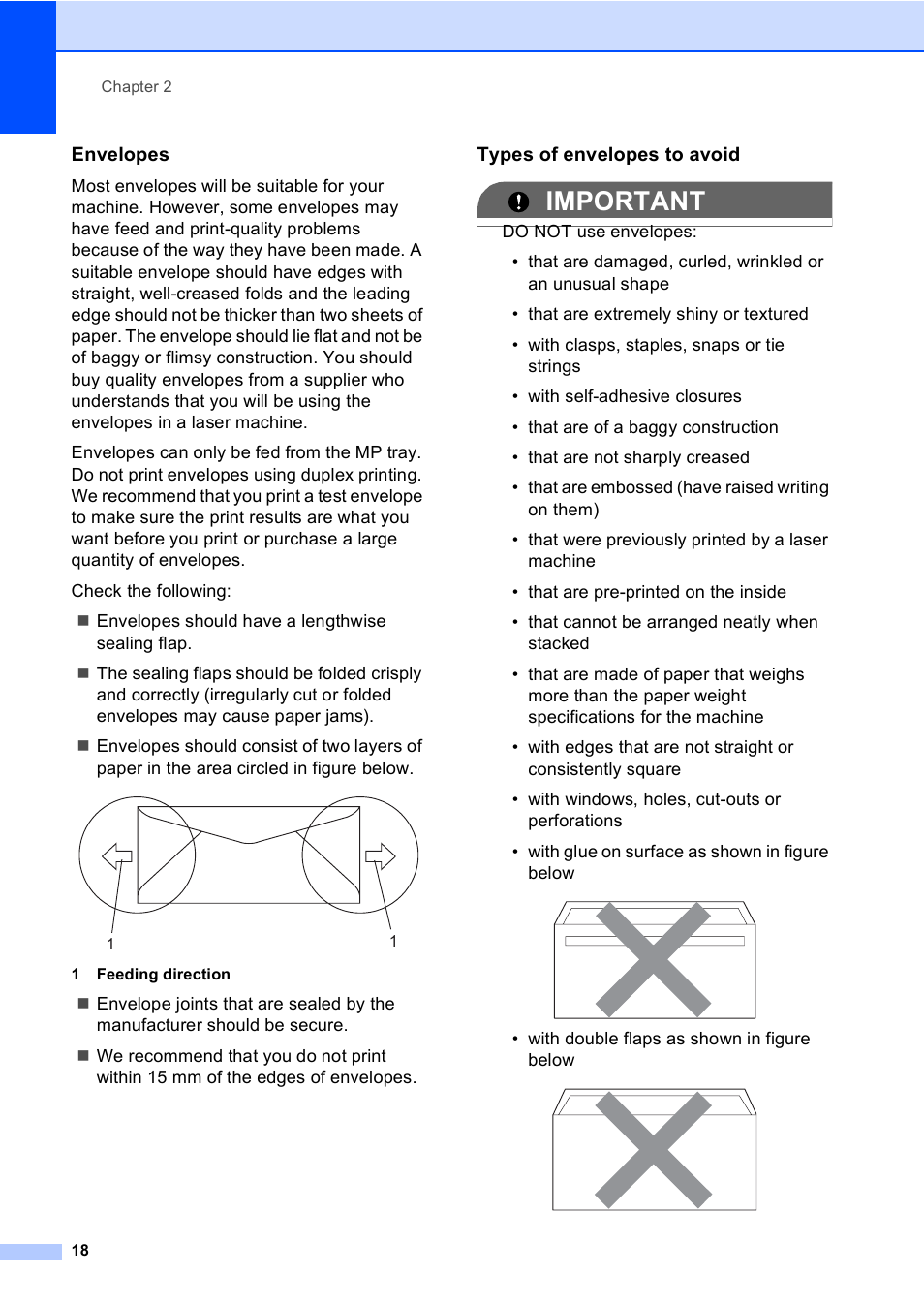 Envelopes, Types of envelopes to avoid, Important | Brother DCP-8085DN User Manual | Page 25 / 143