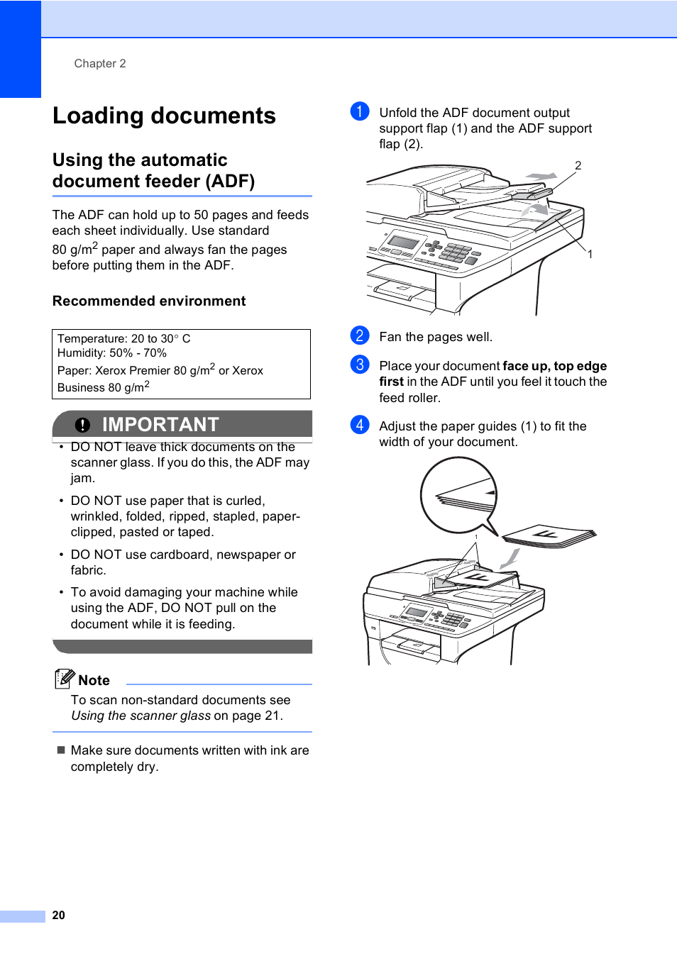 Loading documents, Using the automatic document feeder (adf), Recommended environment | Important | Brother DCP-8085DN User Manual | Page 27 / 143