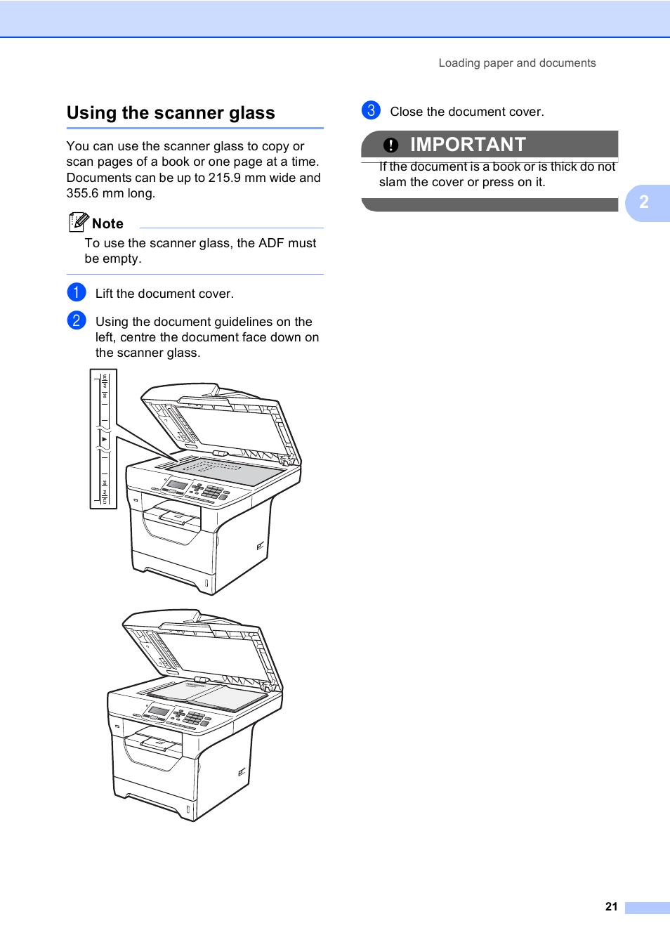 Using the scanner glass, Important, 2using the scanner glass | Brother DCP-8085DN User Manual | Page 28 / 143