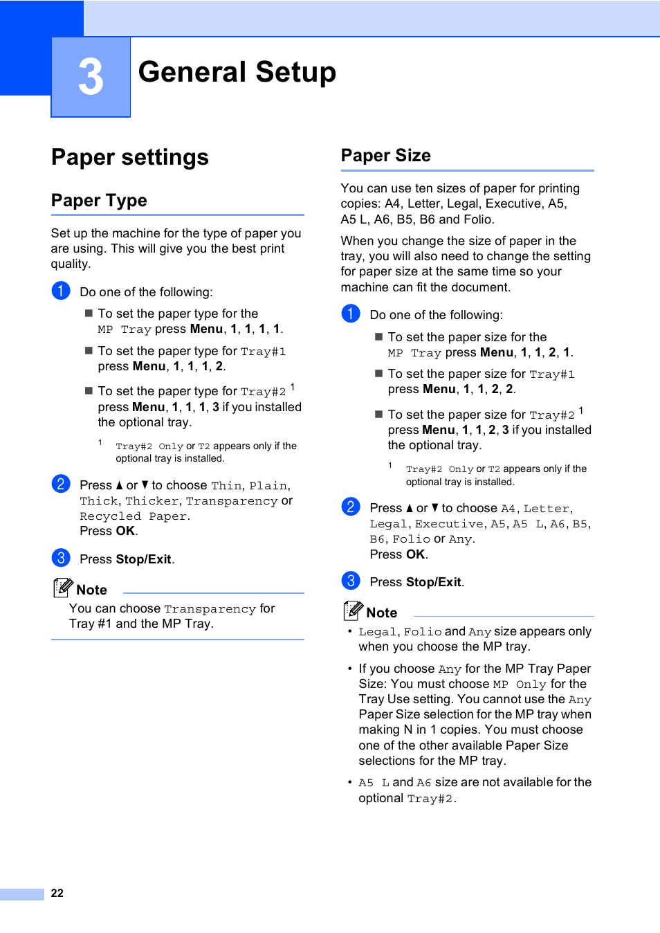 3 general setup, Paper settings, Paper type | Paper size, General setup, Paper type paper size | Brother DCP-8085DN User Manual | Page 29 / 143