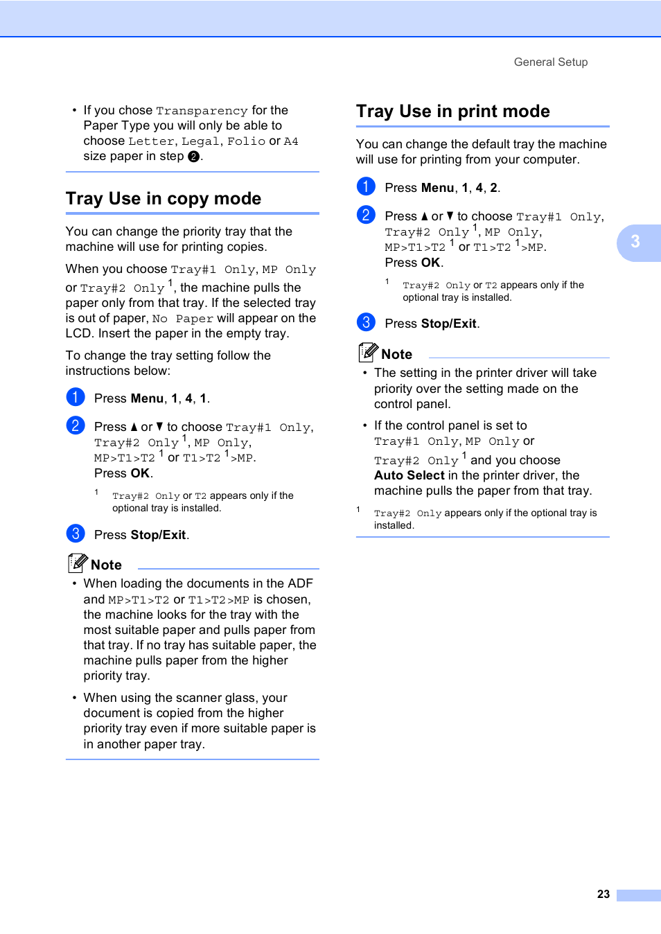 Tray use in copy mode, Tray use in print mode, Tray use in copy mode tray use in print mode | Brother DCP-8085DN User Manual | Page 30 / 143