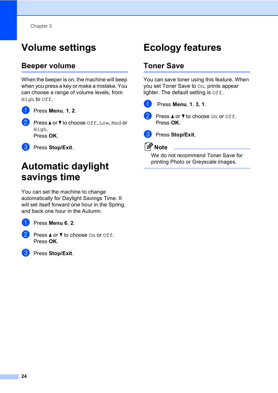 Volume settings, Beeper volume, Automatic daylight savings time | Ecology features, Toner save, Automatic daylight savings time ecology features | Brother DCP-8085DN User Manual | Page 31 / 143