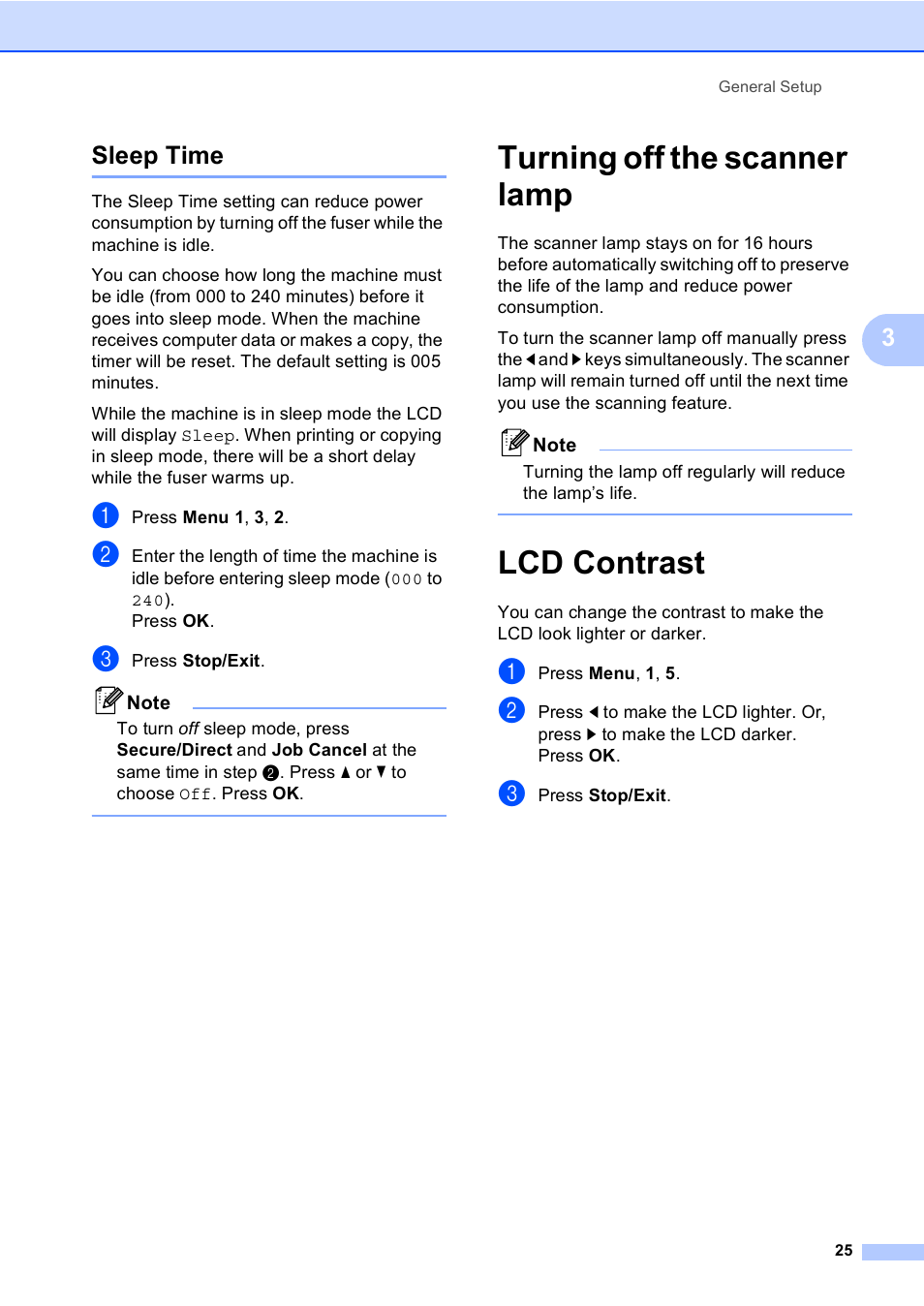 Sleep time, Turning off the scanner lamp, Lcd contrast | Turning off the scanner lamp lcd contrast, 3sleep time | Brother DCP-8085DN User Manual | Page 32 / 143