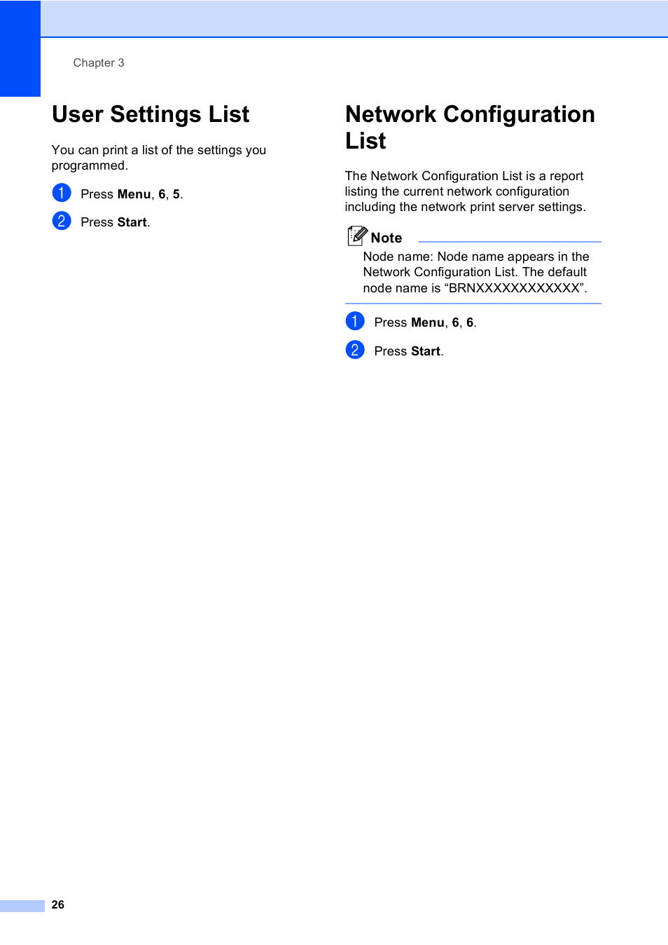 User settings list, Network configuration list, User settings list network configuration list | Brother DCP-8085DN User Manual | Page 33 / 143