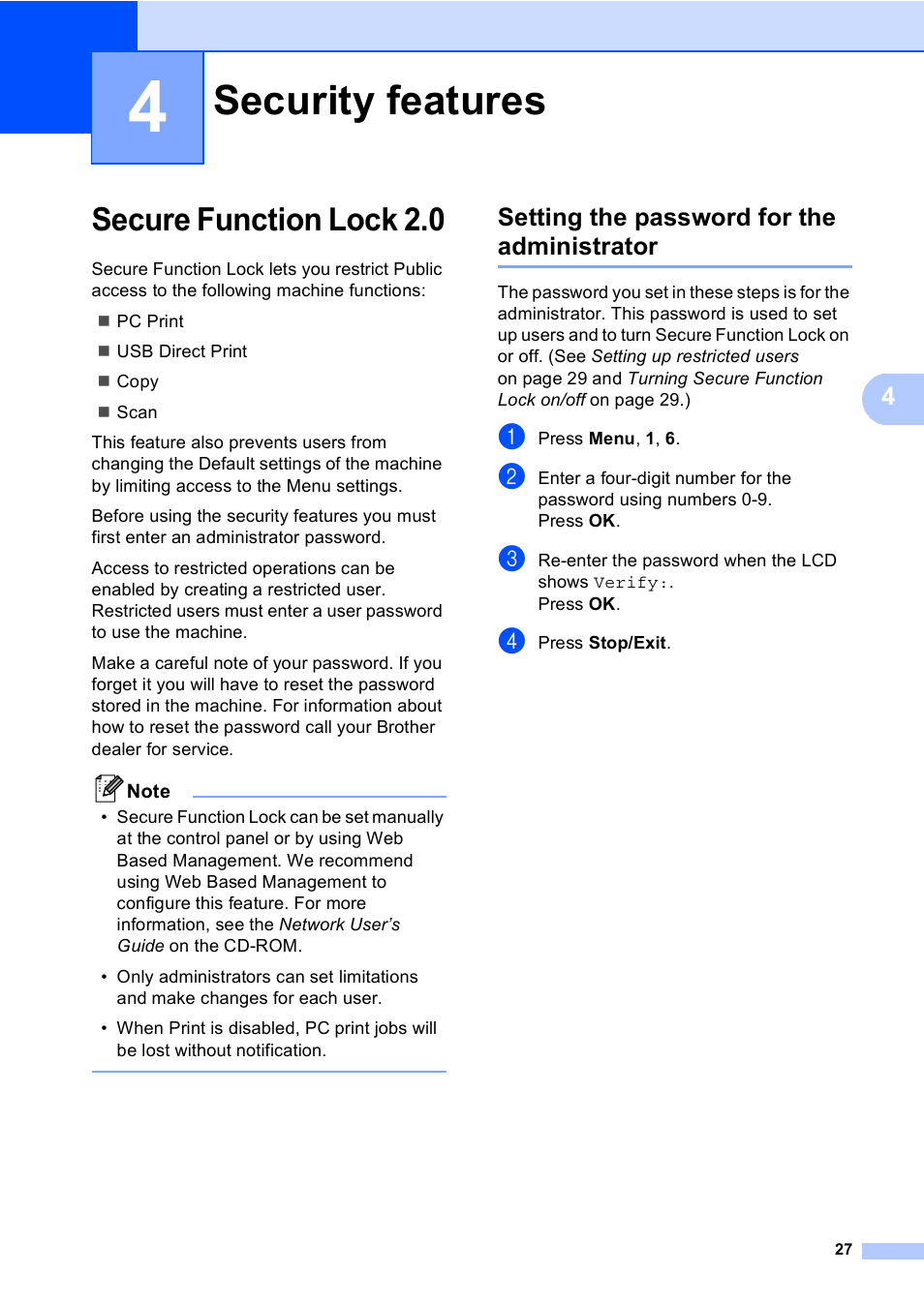 4 security features, Secure function lock 2.0, Setting the password for the administrator | Security features | Brother DCP-8085DN User Manual | Page 34 / 143