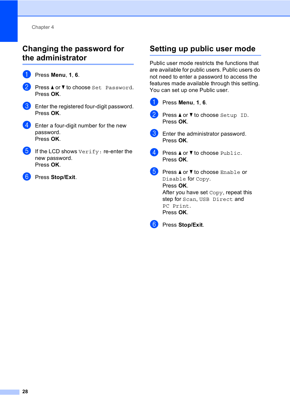 Changing the password for the administrator, Setting up public user mode | Brother DCP-8085DN User Manual | Page 35 / 143