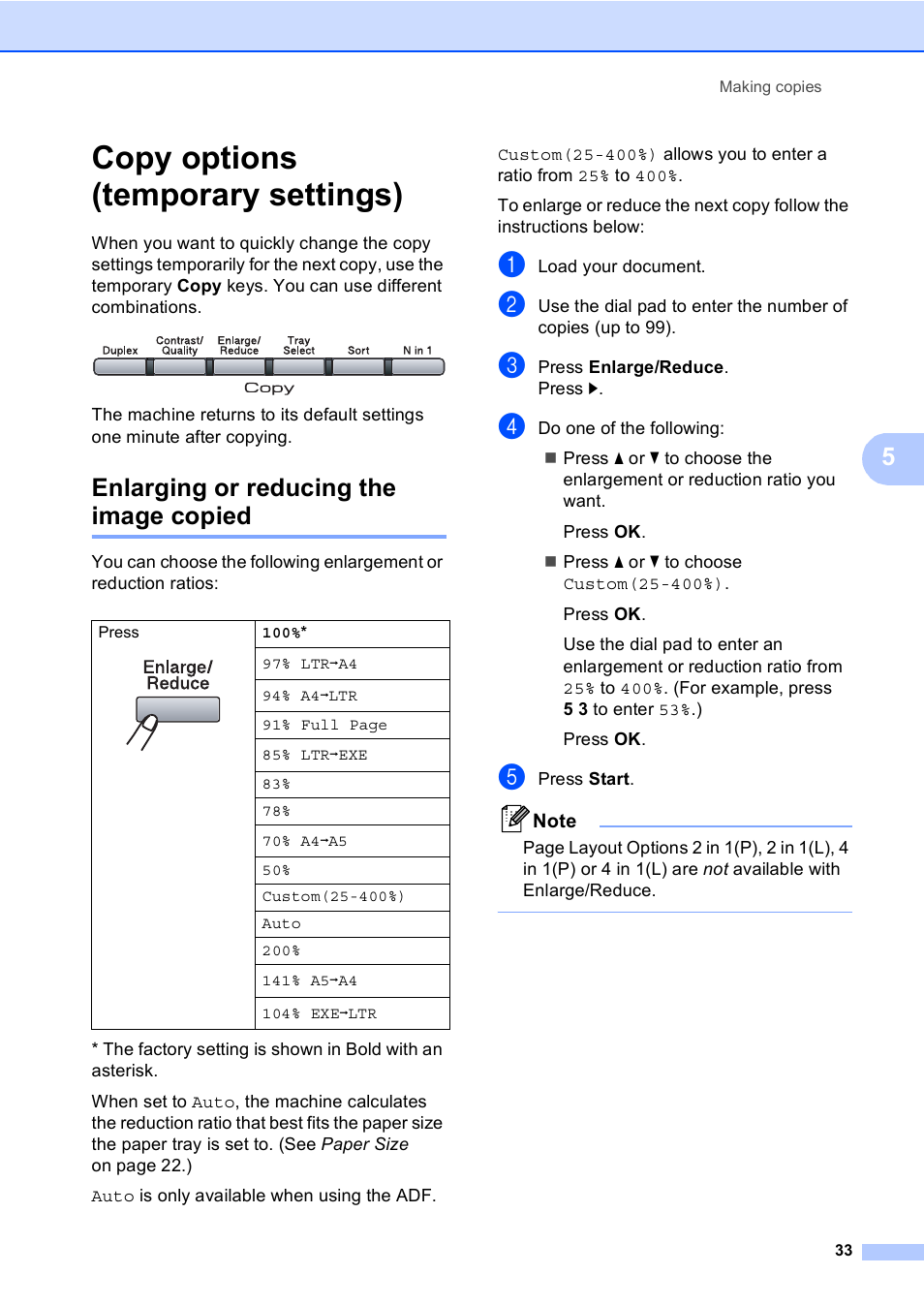 Copy options (temporary settings), Enlarging or reducing the image copied | Brother DCP-8085DN User Manual | Page 40 / 143