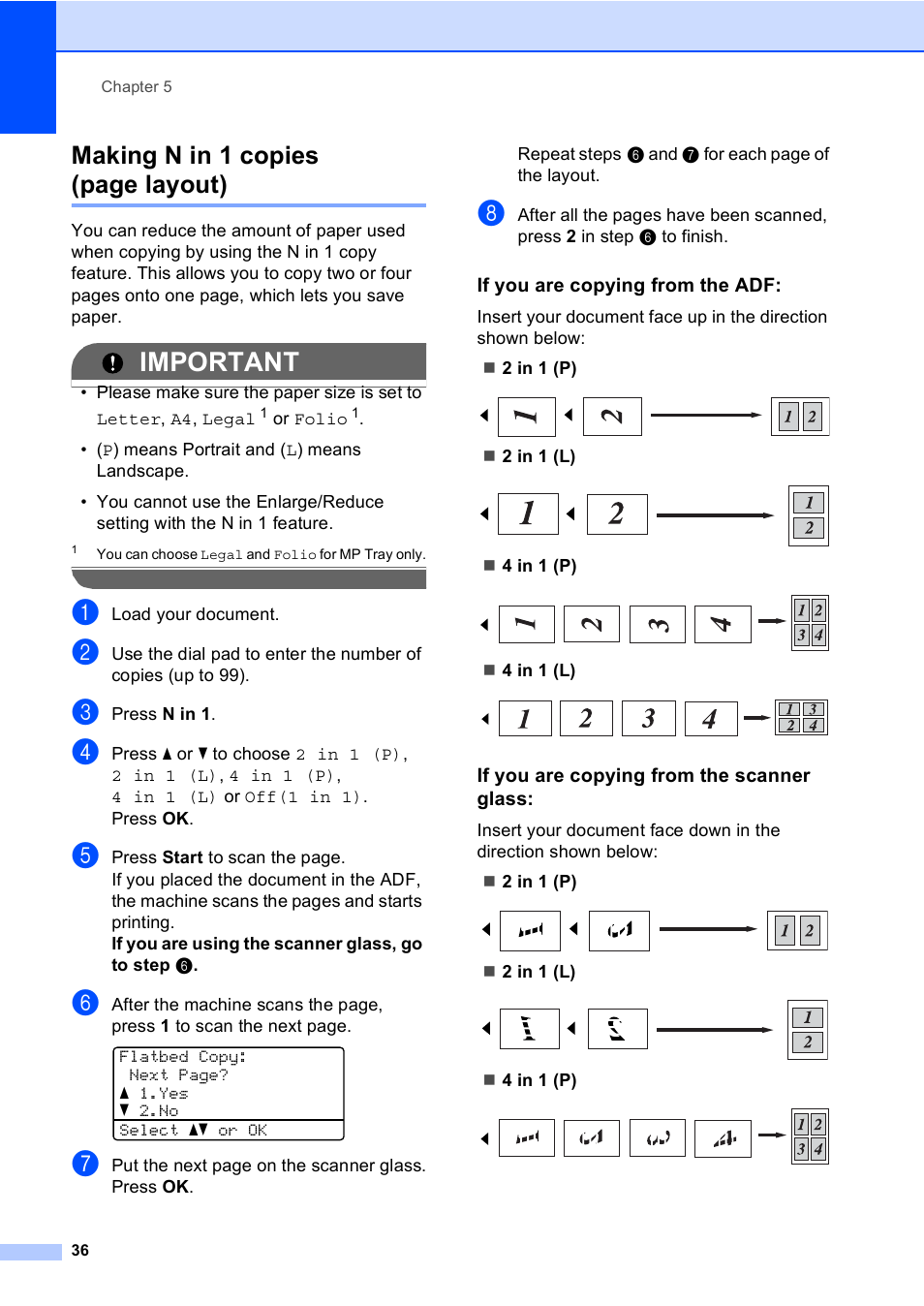 If you are copying from the adf, If you are copying from the scanner glass, Important | Making n in 1 copies (page layout) | Brother DCP-8085DN User Manual | Page 43 / 143