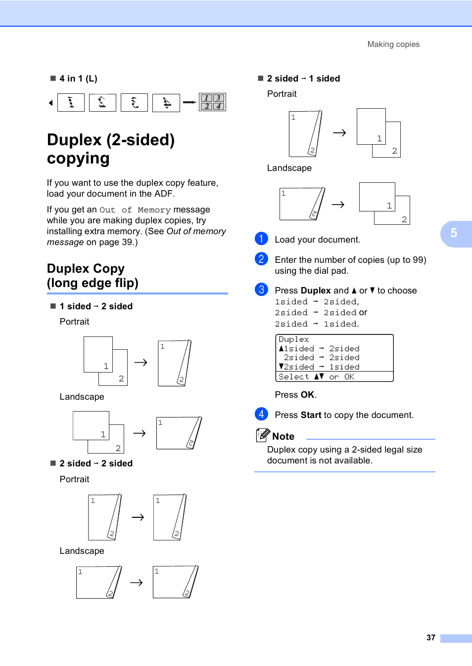 Duplex (2-sided) copying, Duplex copy (long edge flip) | Brother DCP-8085DN User Manual | Page 44 / 143