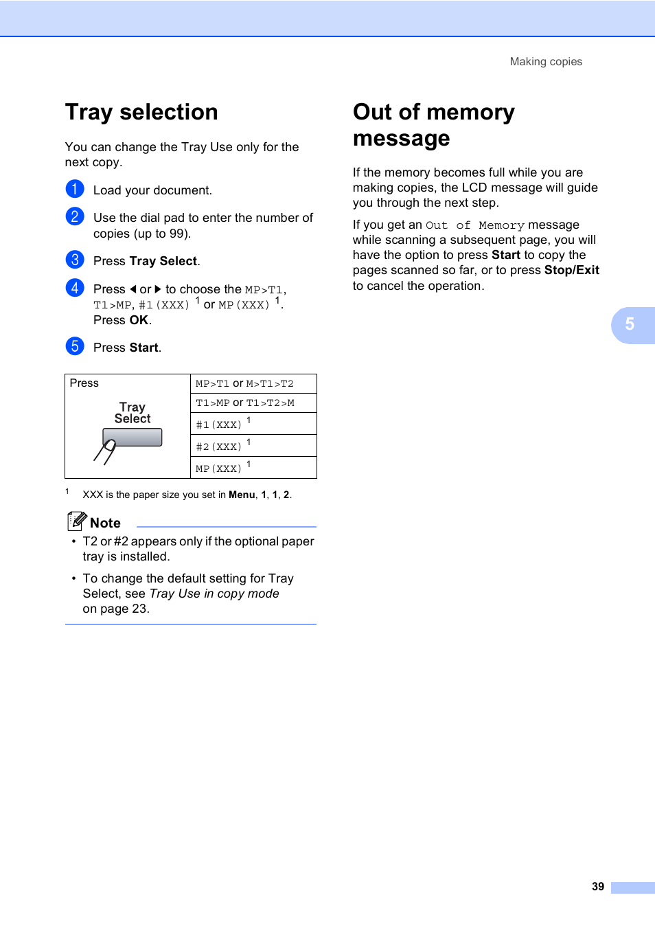 Tray selection, Out of memory message, Tray selection out of memory message | Brother DCP-8085DN User Manual | Page 46 / 143