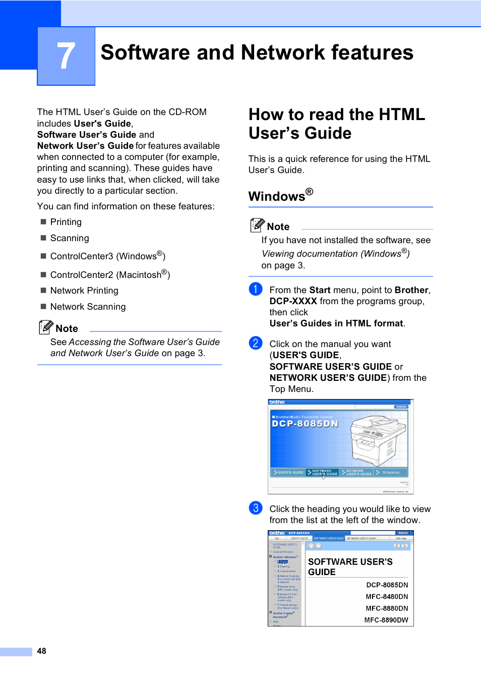 7 software and network features, How to read the html user’s guide, Windows | Software and network features | Brother DCP-8085DN User Manual | Page 55 / 143