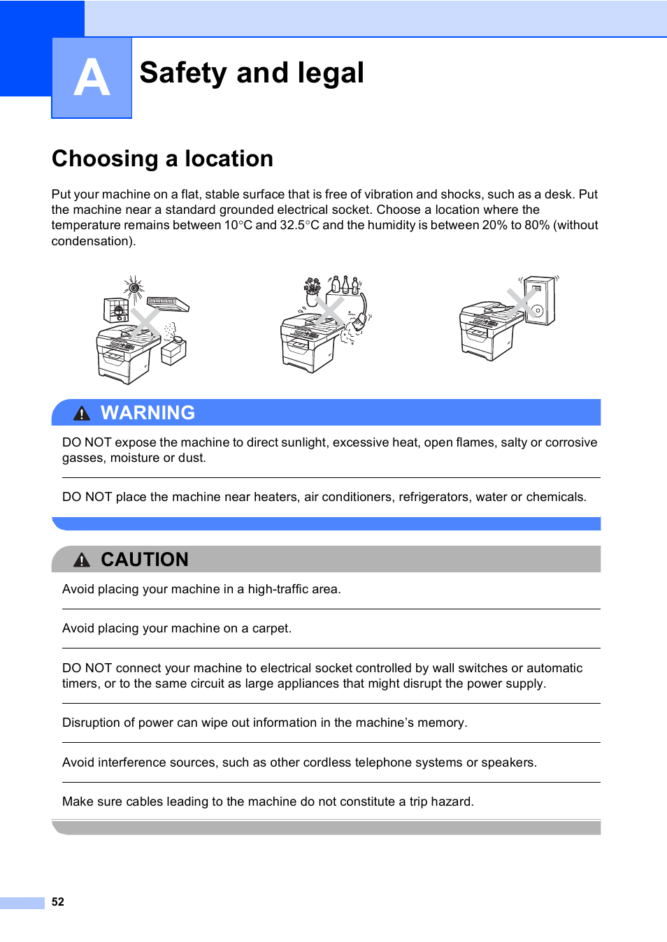 A safety and legal, Choosing a location, Safety and legal | Warning, Caution, Avoid placing your machine in a high-traffic area, Avoid placing your machine on a carpet | Brother DCP-8085DN User Manual | Page 59 / 143