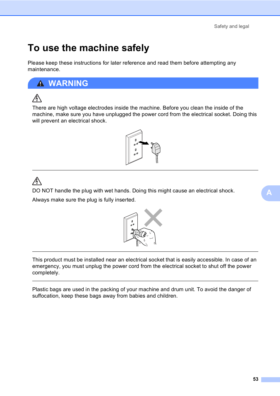 To use the machine safely, Warning, Safety and legal 53 | Brother DCP-8085DN User Manual | Page 60 / 143