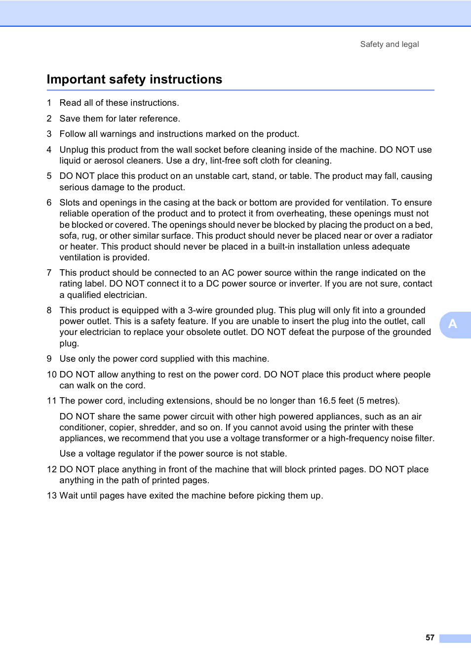 Important safety instructions, Aimportant safety instructions | Brother DCP-8085DN User Manual | Page 64 / 143