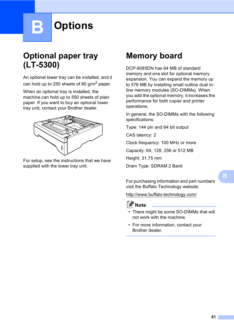 B options, Optional paper tray (lt-5300), Memory board | Options, Optional paper tray (lt-5300) memory board | Brother DCP-8085DN User Manual | Page 68 / 143