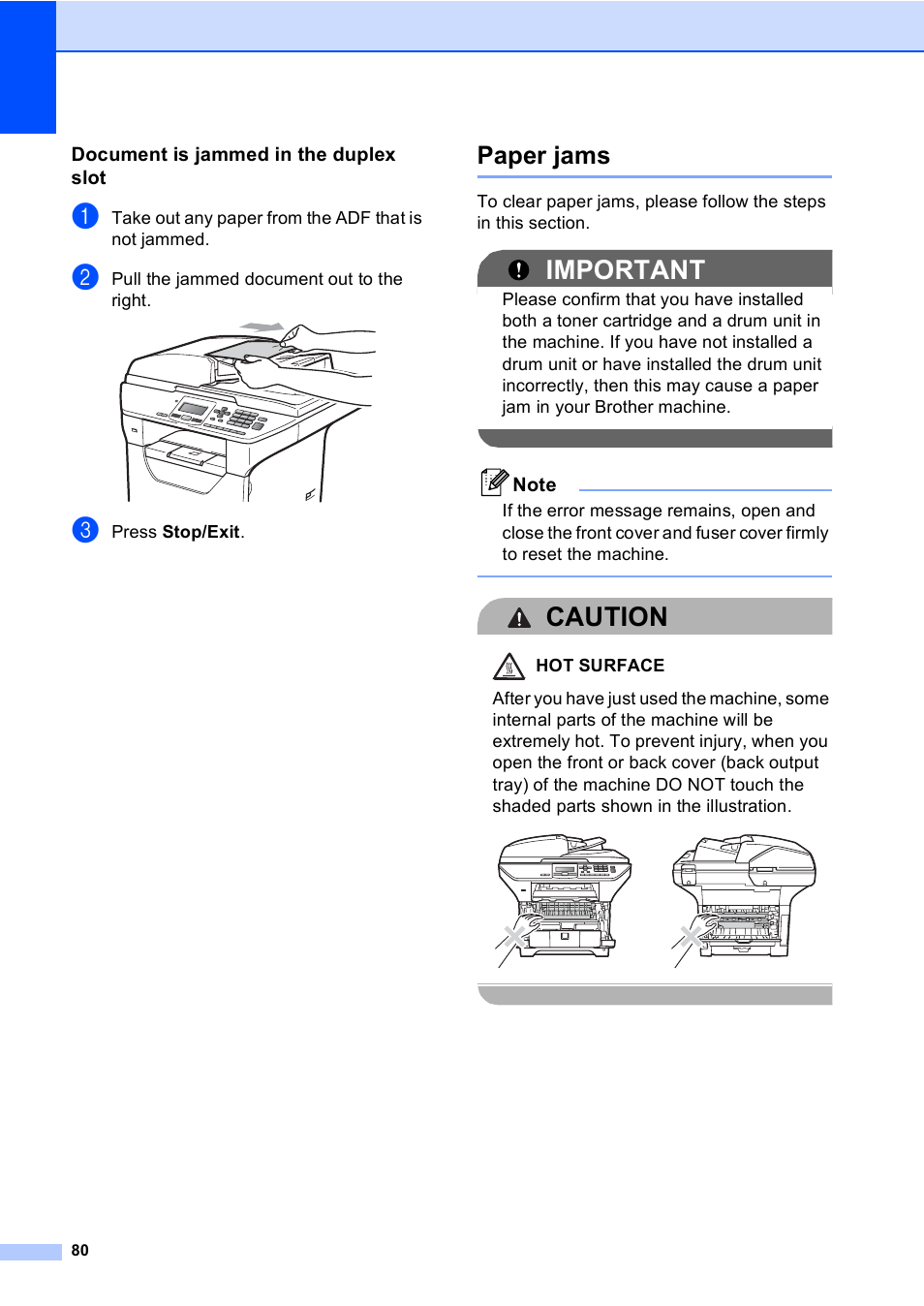 Document is jammed in the duplex slot, Paper jams, Important | Caution | Brother DCP-8085DN User Manual | Page 87 / 143