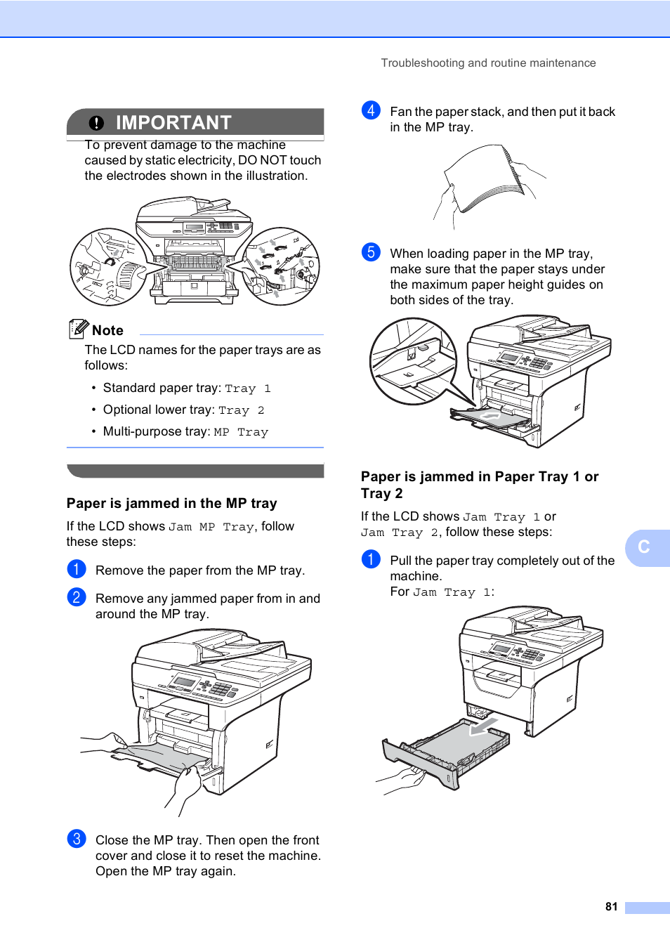 Paper is jammed in the mp tray, Paper is jammed in paper tray 1 or tray 2, Important | Brother DCP-8085DN User Manual | Page 88 / 143