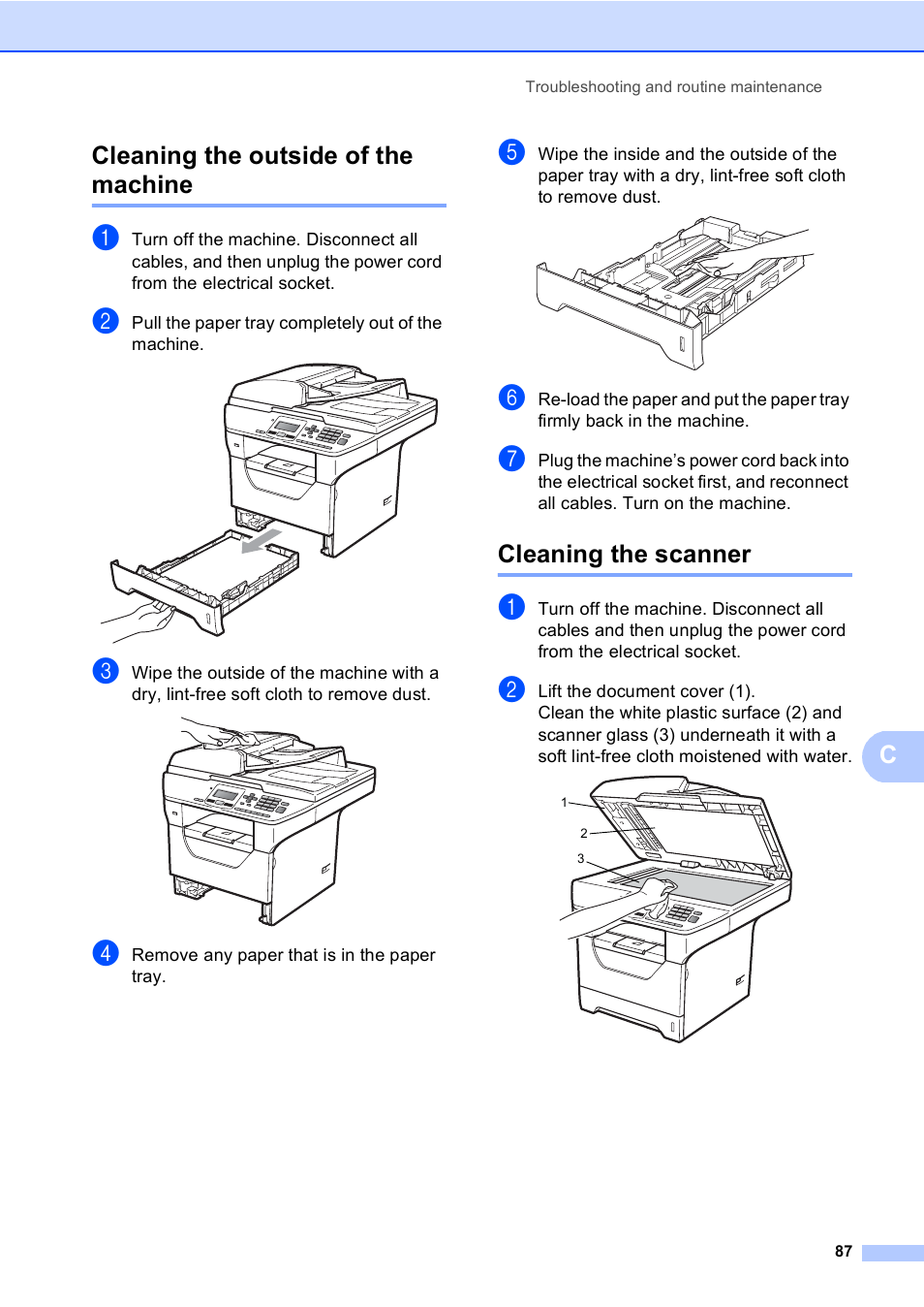 Cleaning the outside of the machine, Cleaning the scanner, Ccleaning the outside of the machine | Brother DCP-8085DN User Manual | Page 94 / 143