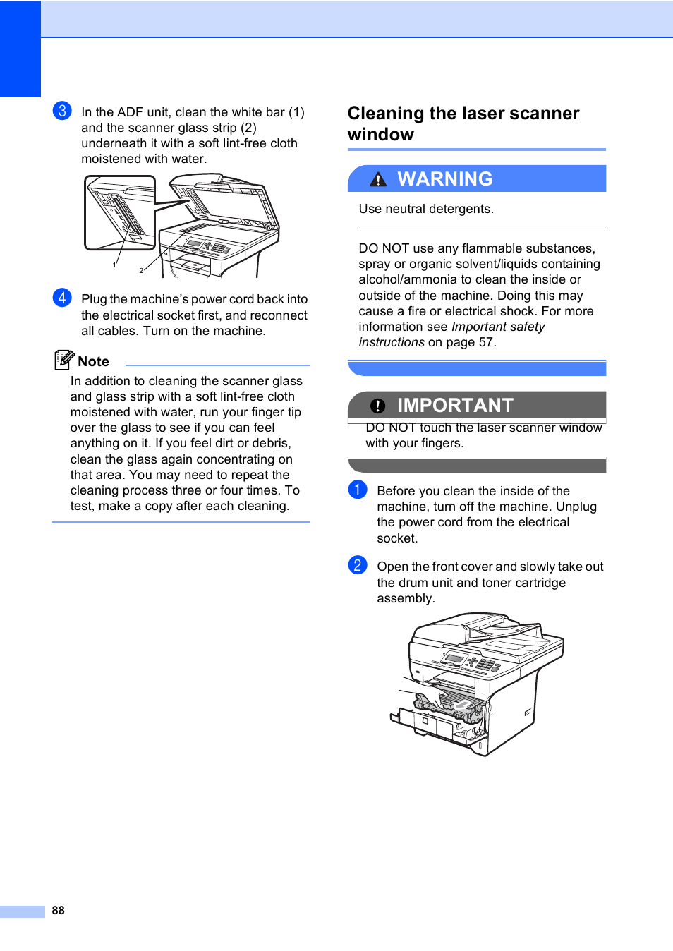 Cleaning the laser scanner window, Warning, Important | Brother DCP-8085DN User Manual | Page 95 / 143