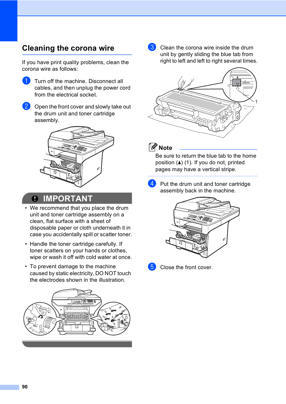 Cleaning the corona wire, Important | Brother DCP-8085DN User Manual | Page 97 / 143