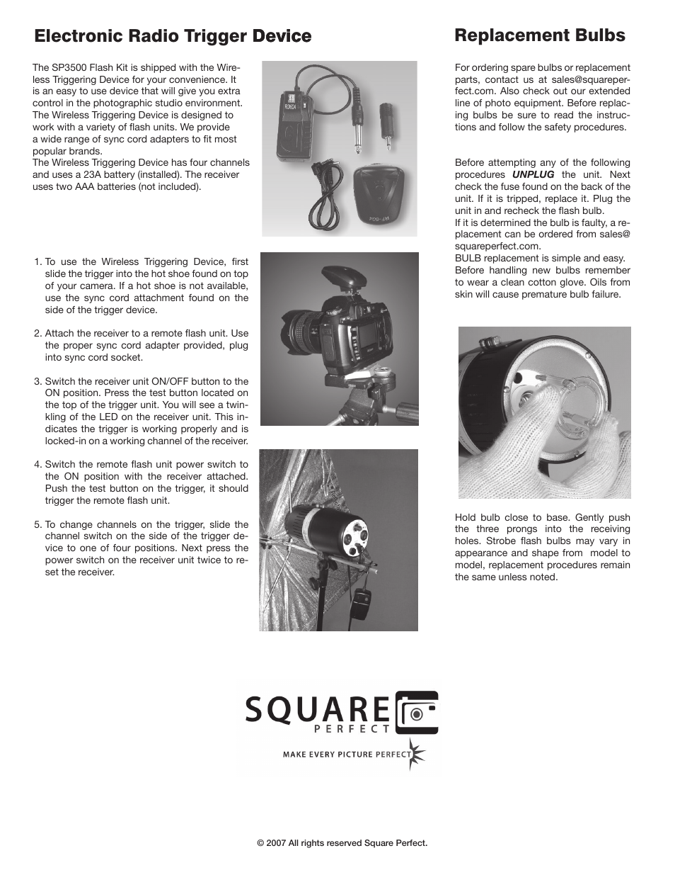 Electronic radio trigger device, Replacement bulbs | Square Perfect 1002 SP160M Studio Flash Kit User Manual | Page 5 / 5