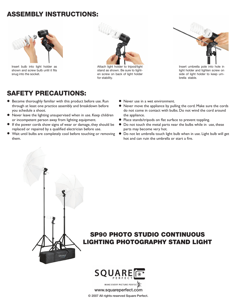 Safety precautions, Assembly instructions | Square Perfect 2804 SP90 PortaPower Light Kit User Manual | Page 4 / 4