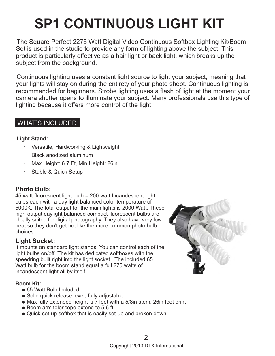 Sp1 continuous light kit | Square Perfect 815 SP1 Light Kit User Manual | Page 2 / 8