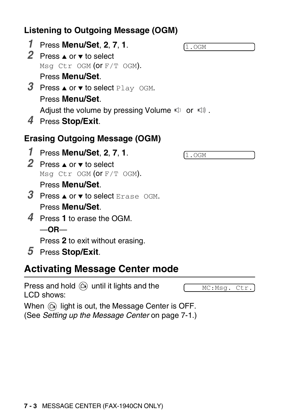 Listening to outgoing message (ogm), Erasing outgoing message (ogm), Activating message center mode | Activating message center mode -3 | Brother FAX-1940CN User Manual | Page 101 / 231