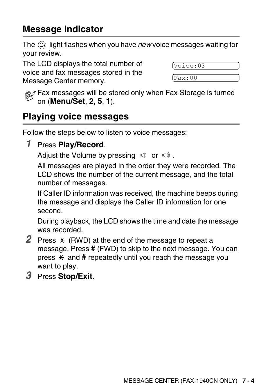 Message indicator, Playing voice messages, Message indicator -4 playing voice messages -4 | Brother FAX-1940CN User Manual | Page 102 / 231