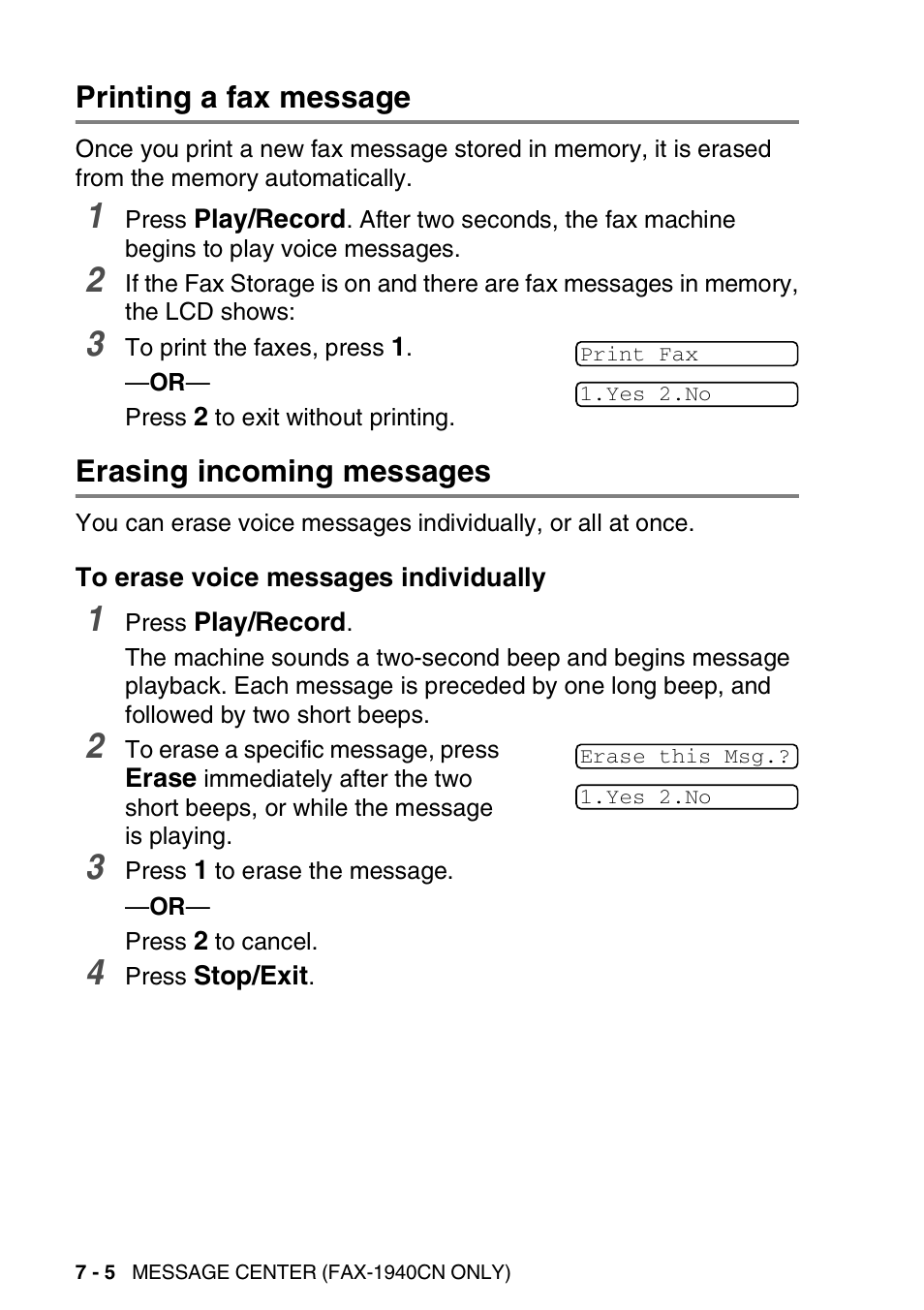 Printing a fax message, Erasing incoming messages, To erase voice messages individually | To erase voice messages individually -5 | Brother FAX-1940CN User Manual | Page 103 / 231