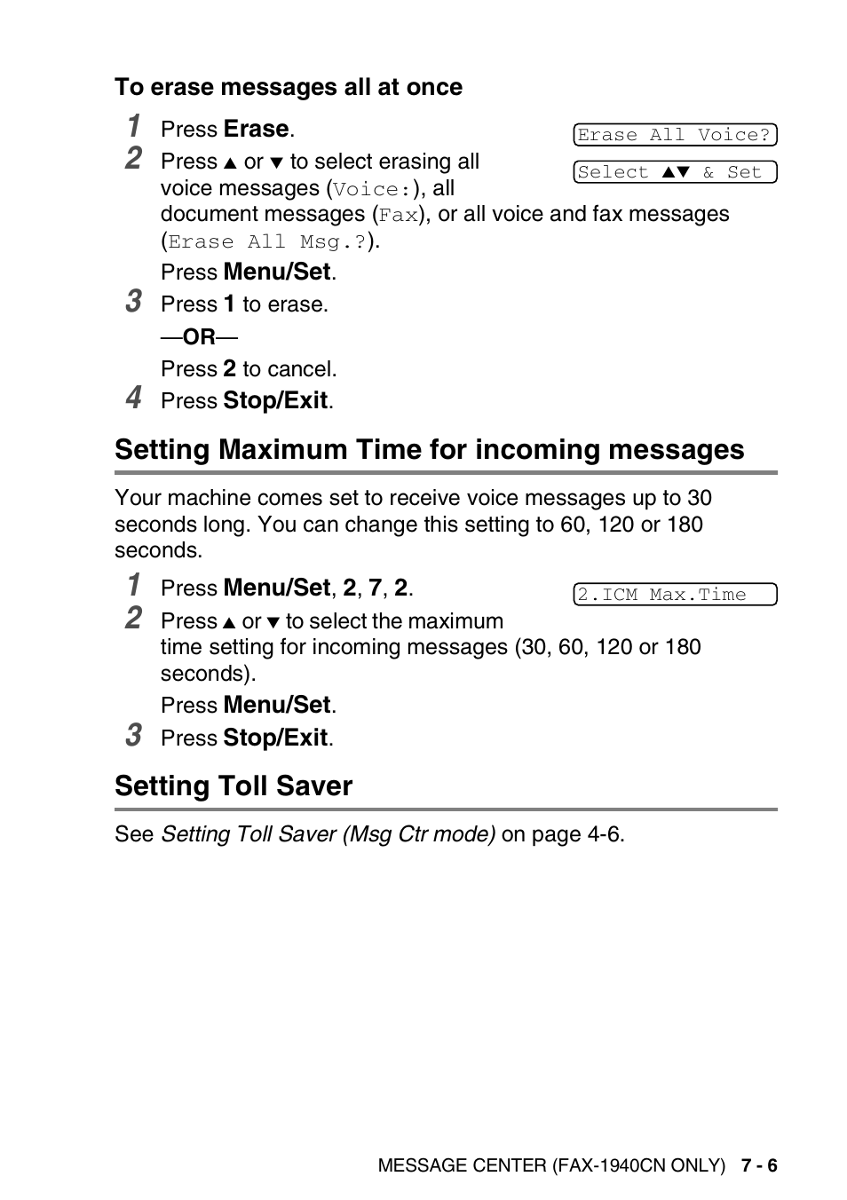 To erase messages all at once, Setting maximum time for incoming messages, Setting toll saver | To erase messages all at once -6 | Brother FAX-1940CN User Manual | Page 104 / 231