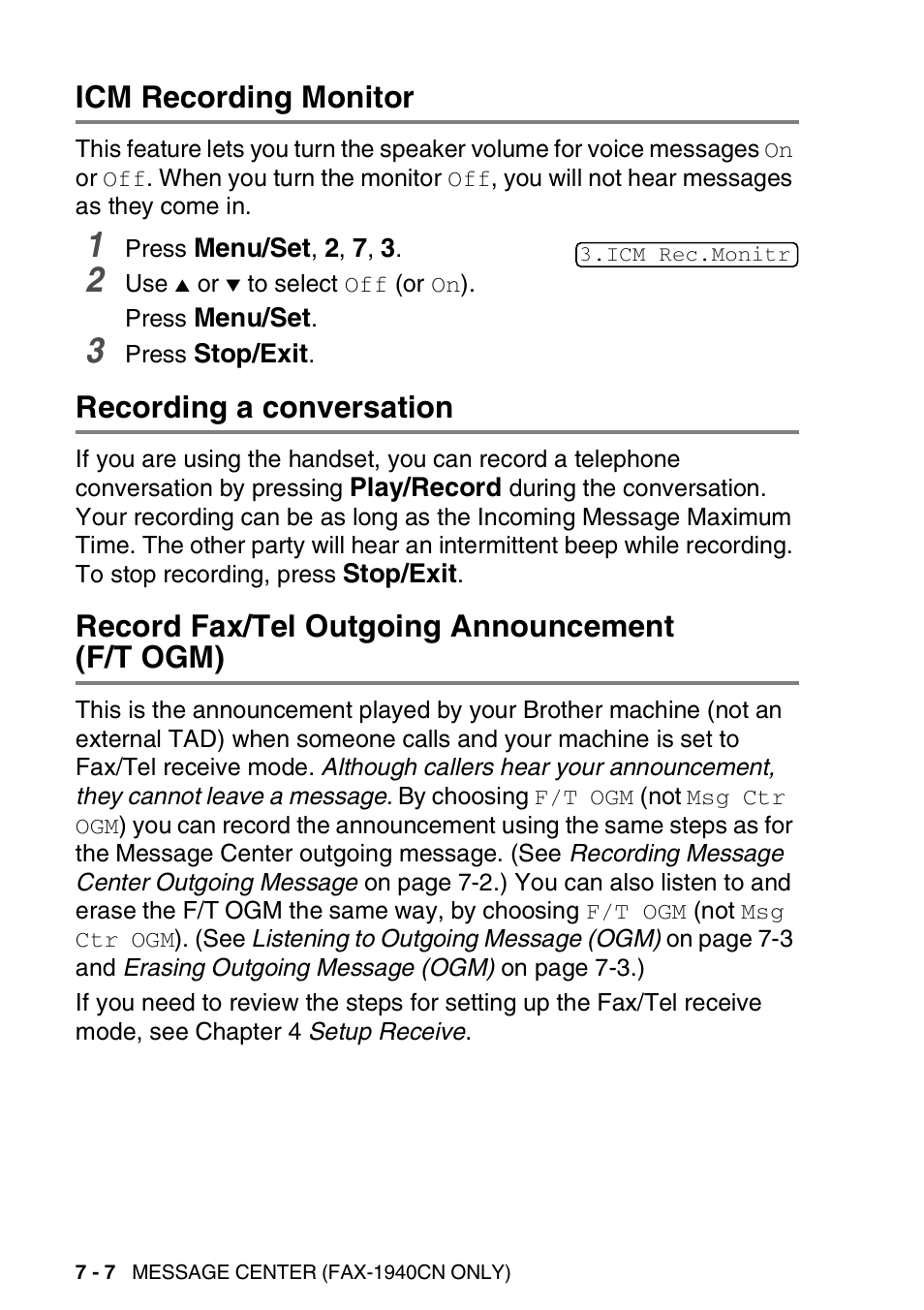 Icm recording monitor, Recording a conversation, Record fax/tel outgoing announcement (f/t ogm) | Brother FAX-1940CN User Manual | Page 105 / 231