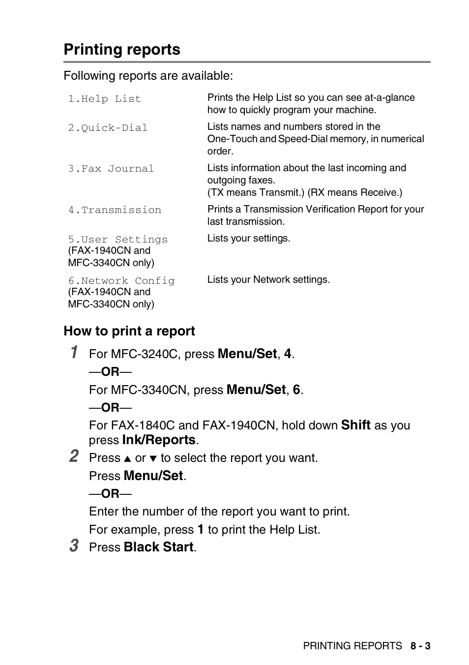 Printing reports, How to print a report, Printing reports -3 | How to print a report -3 | Brother FAX-1940CN User Manual | Page 108 / 231