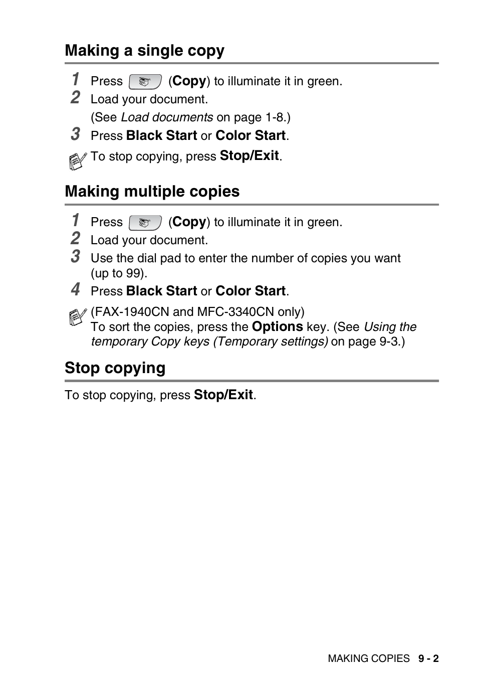 Making a single copy, Making multiple copies, Stop copying | Making a single copy -2 making multiple copies -2, Stop copying -2 | Brother FAX-1940CN User Manual | Page 110 / 231