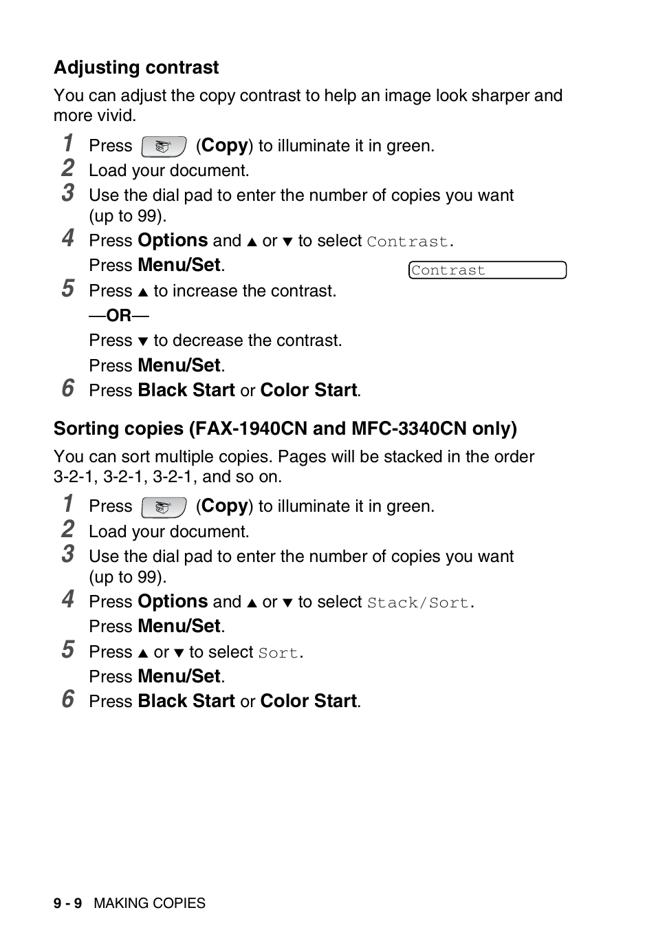 Adjusting contrast, Sorting copies (fax-1940cn and mfc-3340cn only), Adjusting contrast -9 sorting copies | Fax-1940cn and mfc-3340cn only) -9 | Brother FAX-1940CN User Manual | Page 117 / 231