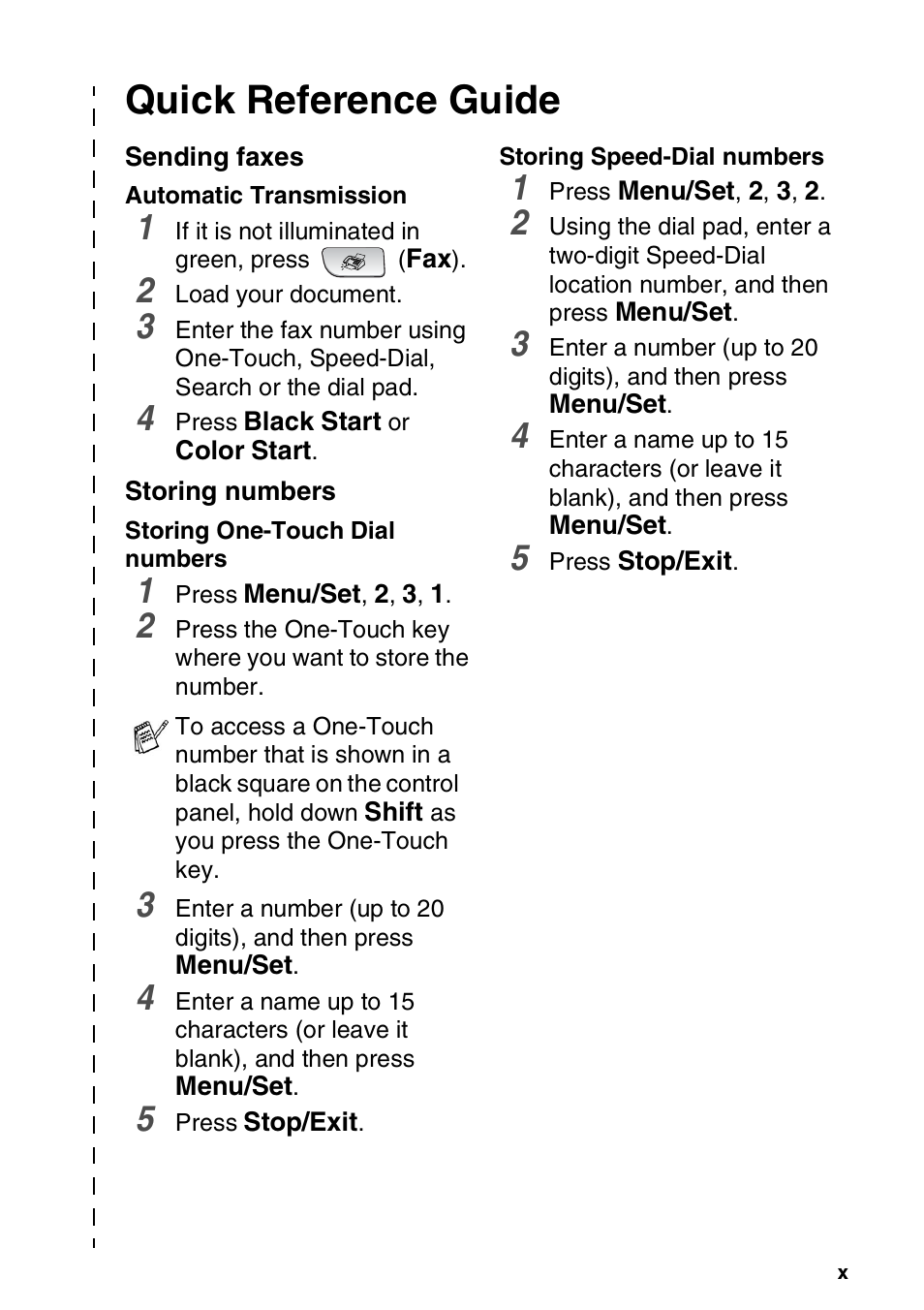 Quick reference guide, Sending faxes, Storing numbers | Brother FAX-1940CN User Manual | Page 12 / 231