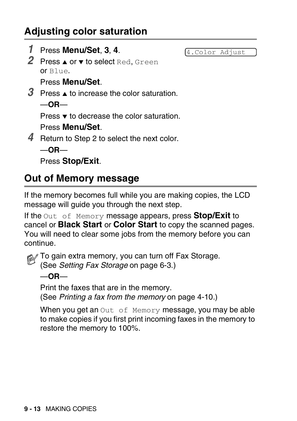 Adjusting color saturation, Out of memory message | Brother FAX-1940CN User Manual | Page 121 / 231